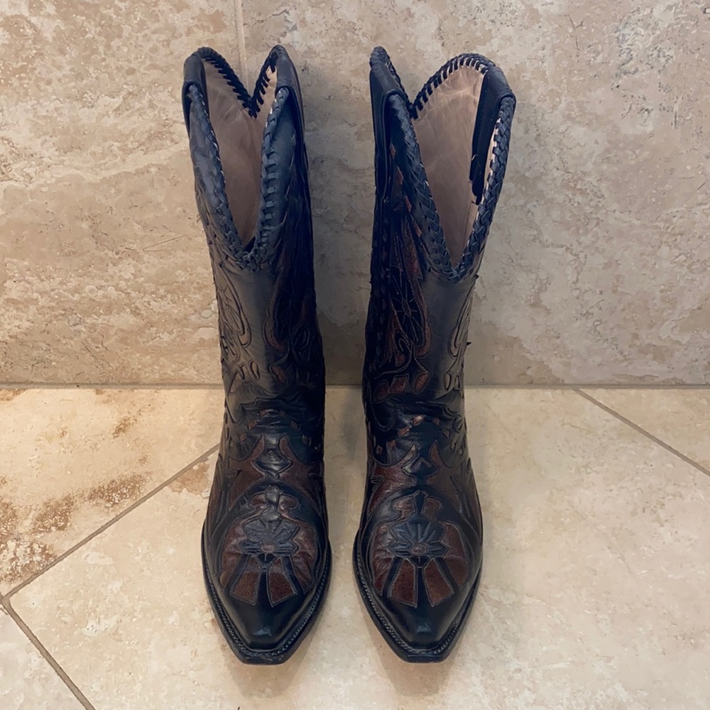 Lane Cowboy Boots Leather Black With Brown Inlay